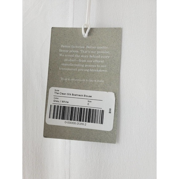NWT Everlane 0 Womens The Clean Boatneck Blouse SILK top Gray White - Picture 6 of 11